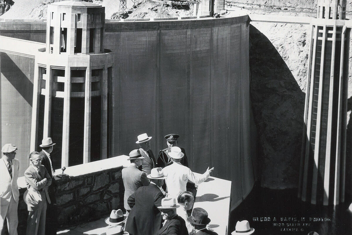 President Franklin D. Roosevelt and his party inspect Boulder Dam, now Hoover Dam, at its dedic ...