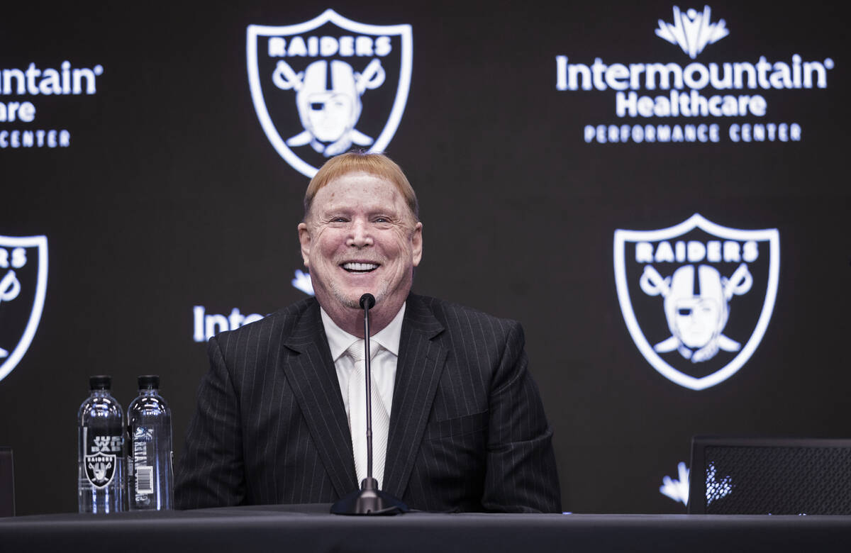 Raiders owner Mark Davis speaks during a news conference on Jan. 31, 2022, at Raiders Headquart ...