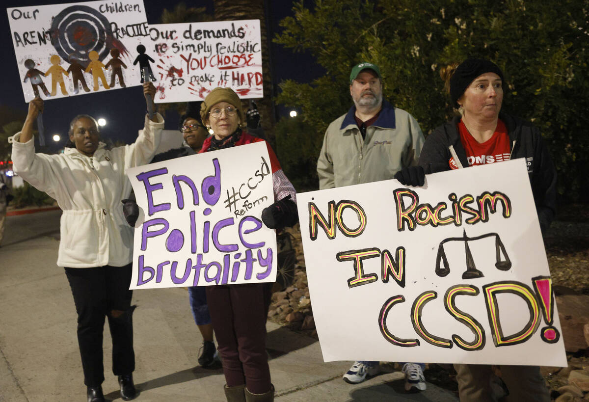 People protest outside the Clark County School District administrative office, Friday, Feb. 17, ...