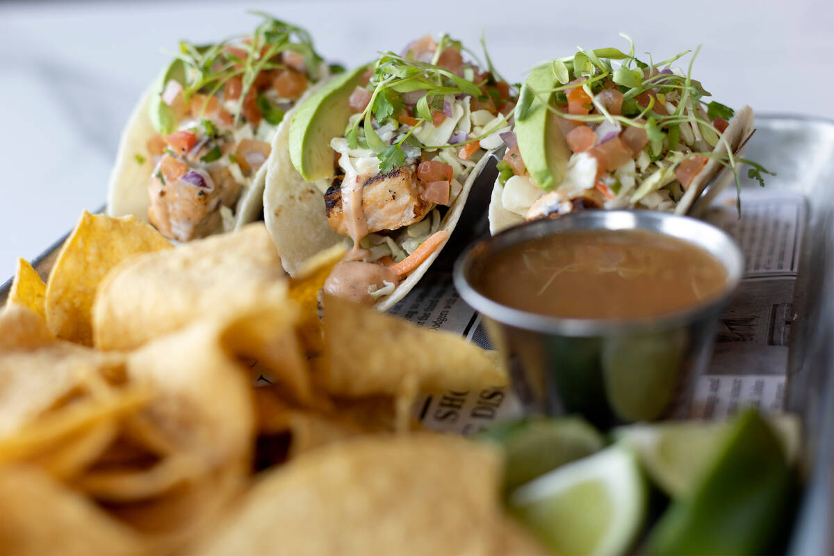 Tailgate Social’s grilled fish tacos at the restaurant in Palace Station on Friday, Feb. ...