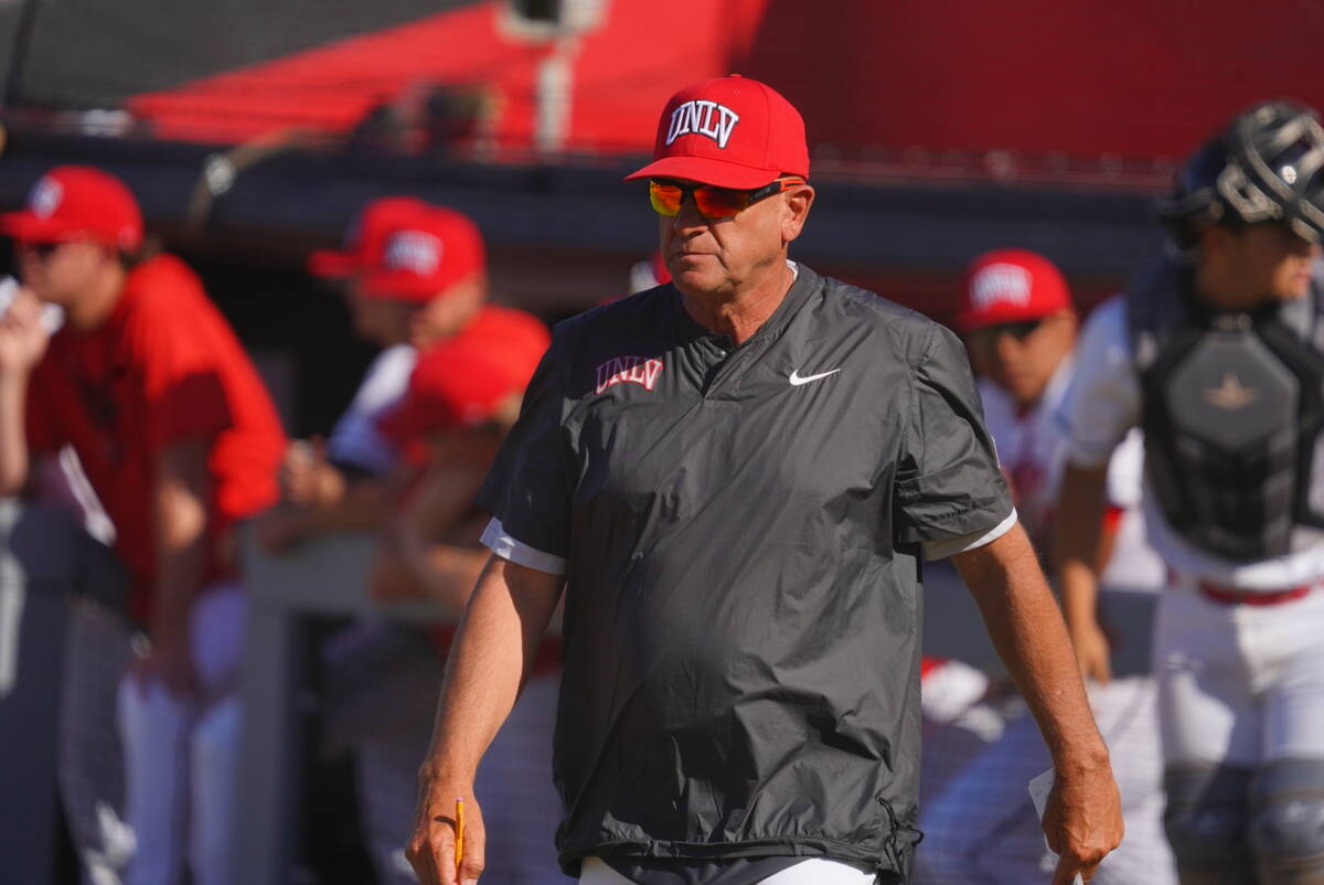 UNLV coach Stan Stolte walks toward the pitcher's mound during a Rebels baseball game. Stolte, ...