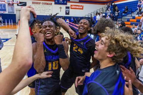 Durango's Tylen Riley (10) and teammates celebrate after defeating Bishop Gorman following the ...