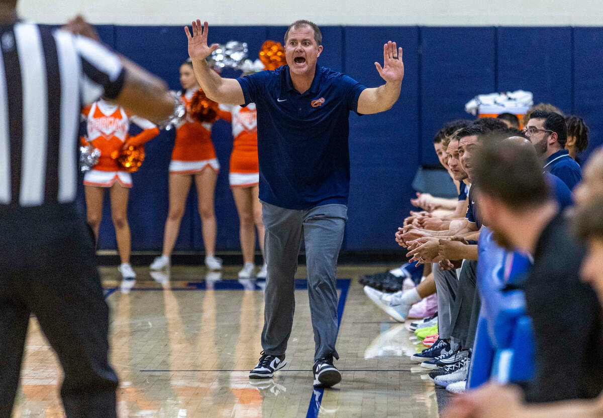 Bishop Gorman's Head Coach Grant Rice yells to his players against Durango during the first hal ...