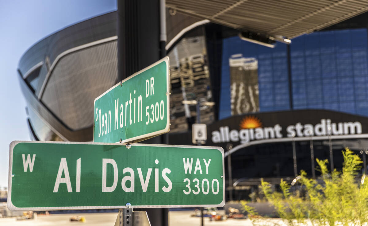 The sign for Al Davis Way at Dean Martin Drive recently went up outside Allegiant Stadium. Phot ...