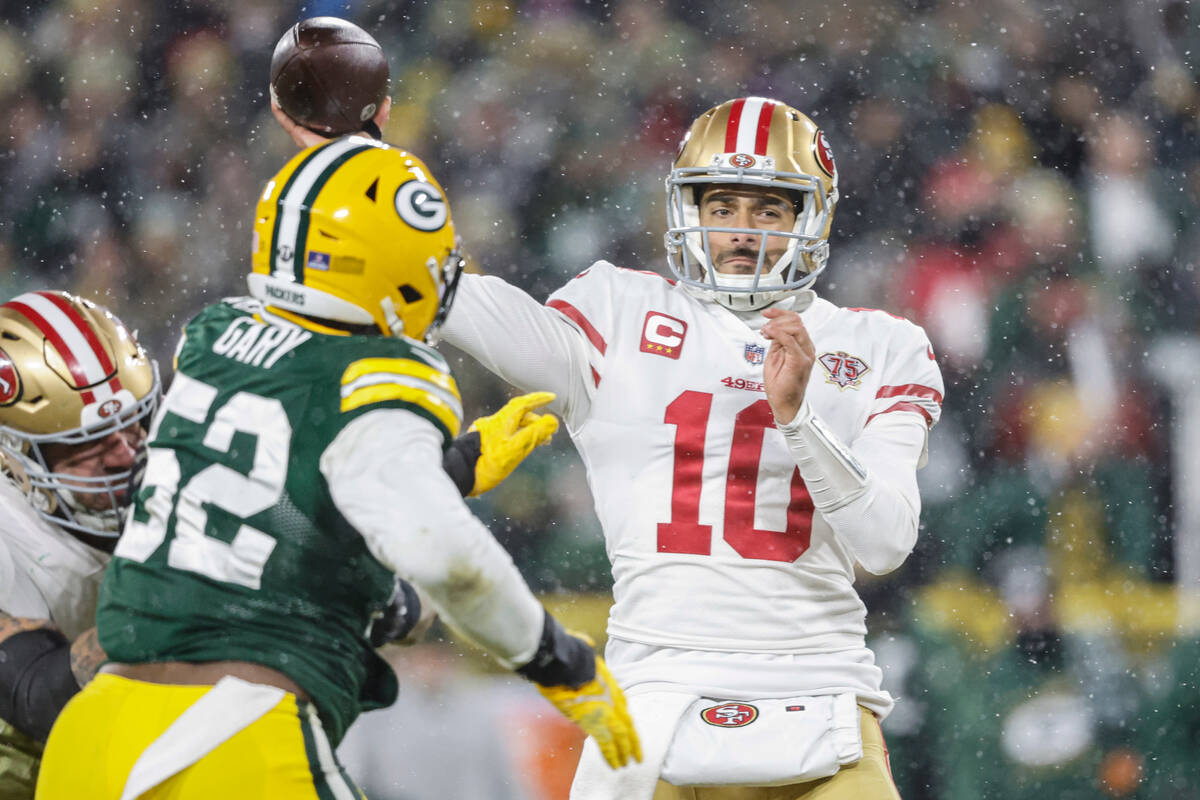 San Francisco 49ers quarterback Jimmy Garoppolo (10) throws the ball during an NFL divisional p ...