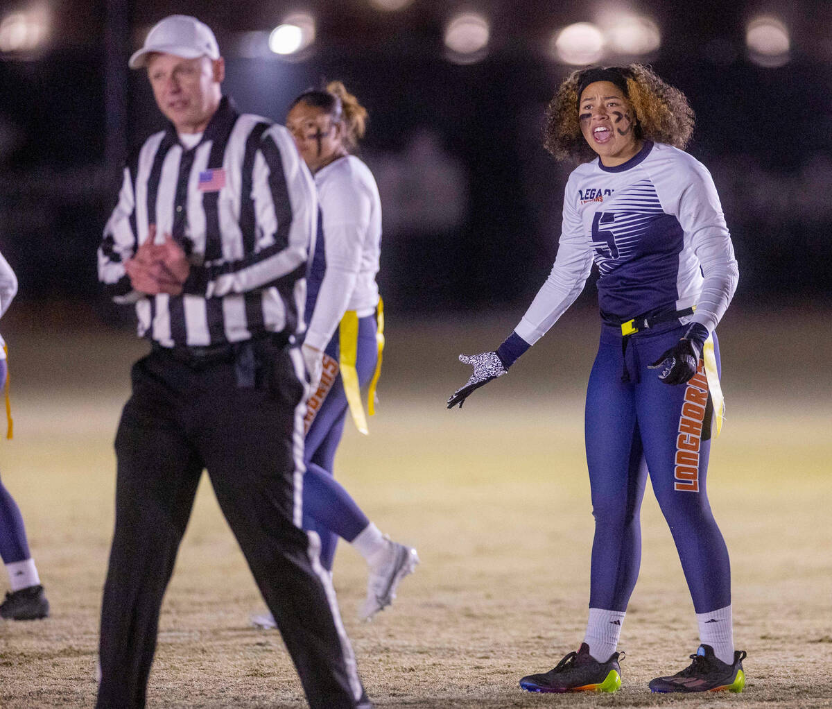 Legacy's Giselle Washington (5) complains to a referee after a penalty call on her against Dese ...