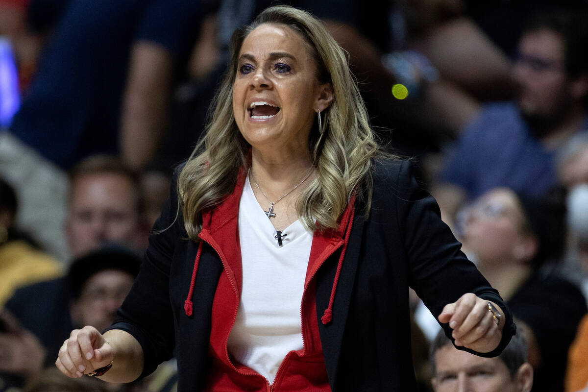 Las Vegas Aces head coach Becky Hammon shouts from the sidelines during the first half in Game ...