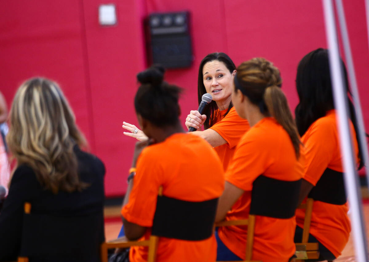 WNBA legend Jennifer Azzi speaks during the "Her Time to Play" basketball clinic for ...