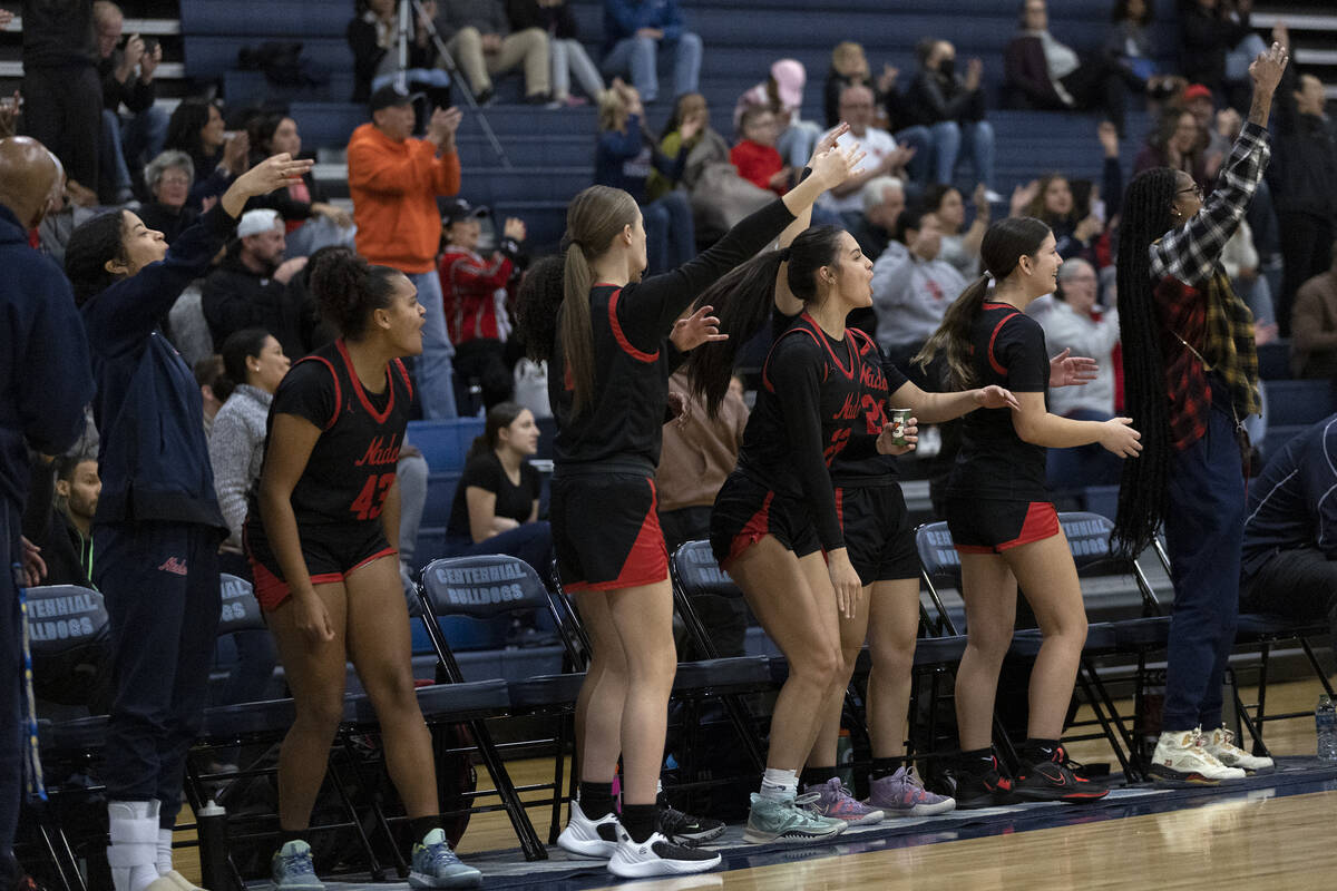 Coronado’s bench celebrates after their team scores during a Class 5A Southern League ch ...