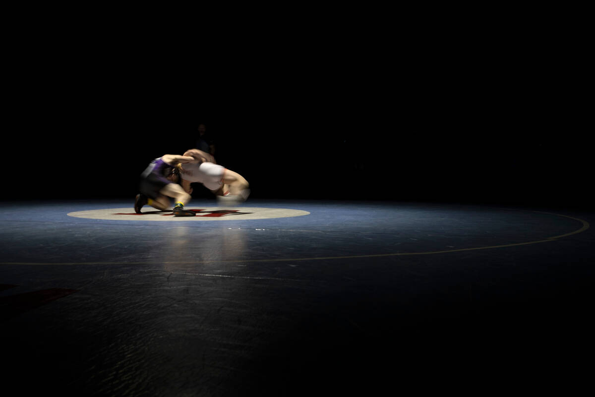 Silverado’s Zyon Trujillo wrestles Bishop Gorman’s Ryan Kuckler in the 150 lb wei ...