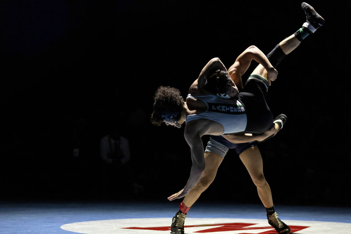 Palo Verde’s Joshua Mata wrestles Legacy’s Zaden Oribello in the 126 lb weight cl ...