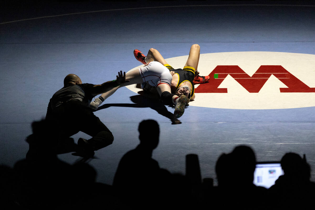 Durango’s Aidan Hernandez wrestles Arbor View’s Cole Faircloth in the 113 lb weig ...