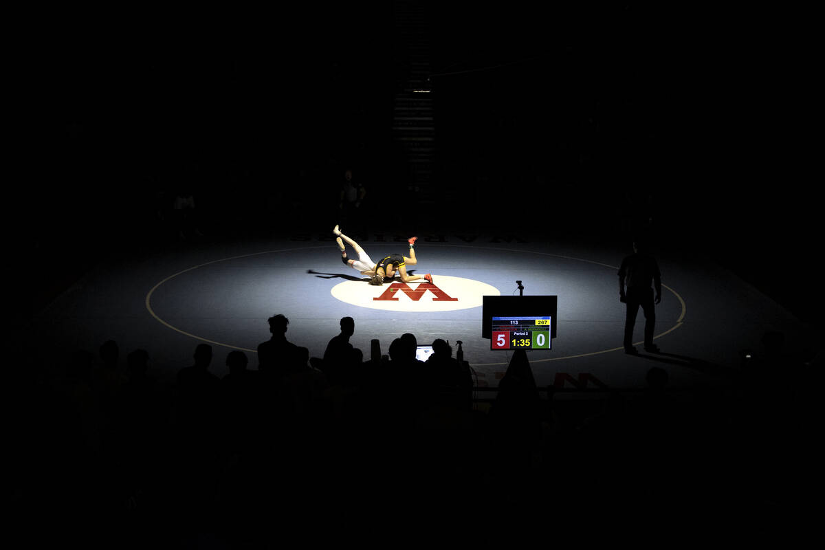 Durango’s Aidan Hernandez wrestles Arbor View’s Cole Faircloth in the 113 lb weig ...