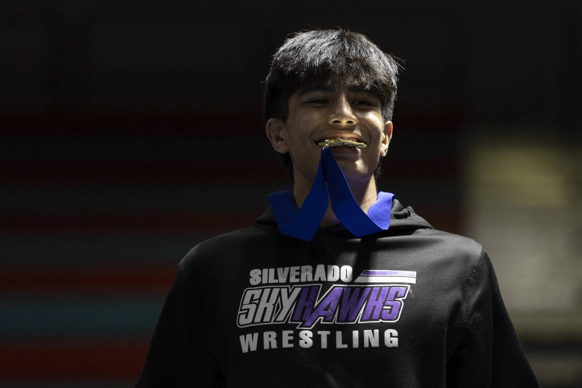 Silverado’s Zyon Trujillo poses for photos while accepting his medal for winning the 150 lb w ...