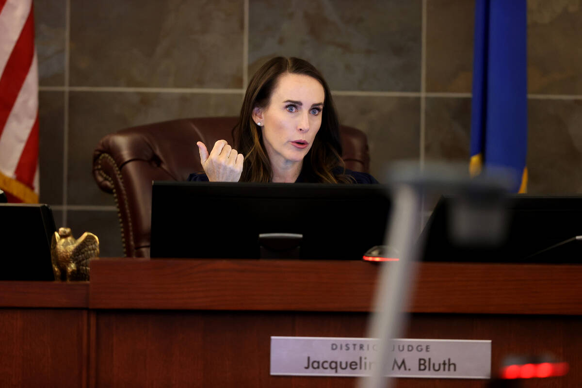 Clark County District Judge Jacqueline Bluth presides in court for the sentencing of Shawn Eise ...