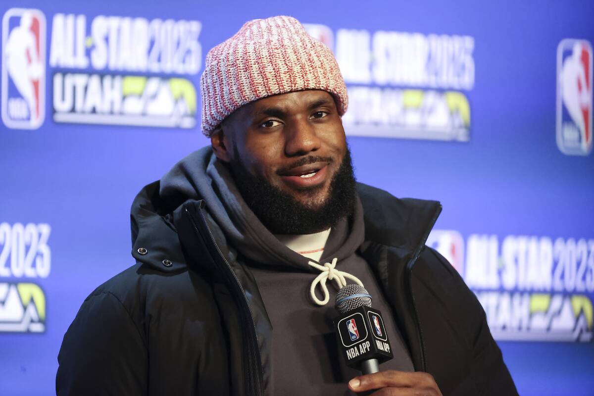 Western Conference All-Star LeBron James of the Los Angeles Lakers answers questions at a news ...