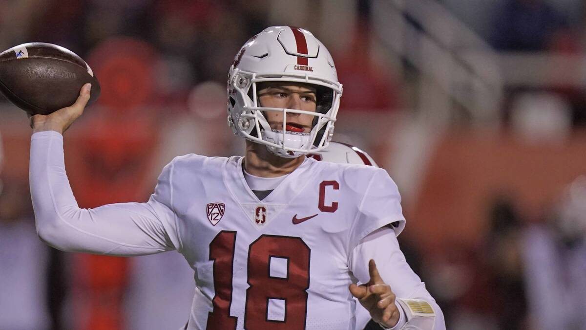 Stanford quarterback Tanner McKee (18) throws against Utah during the first half of an NCAA col ...