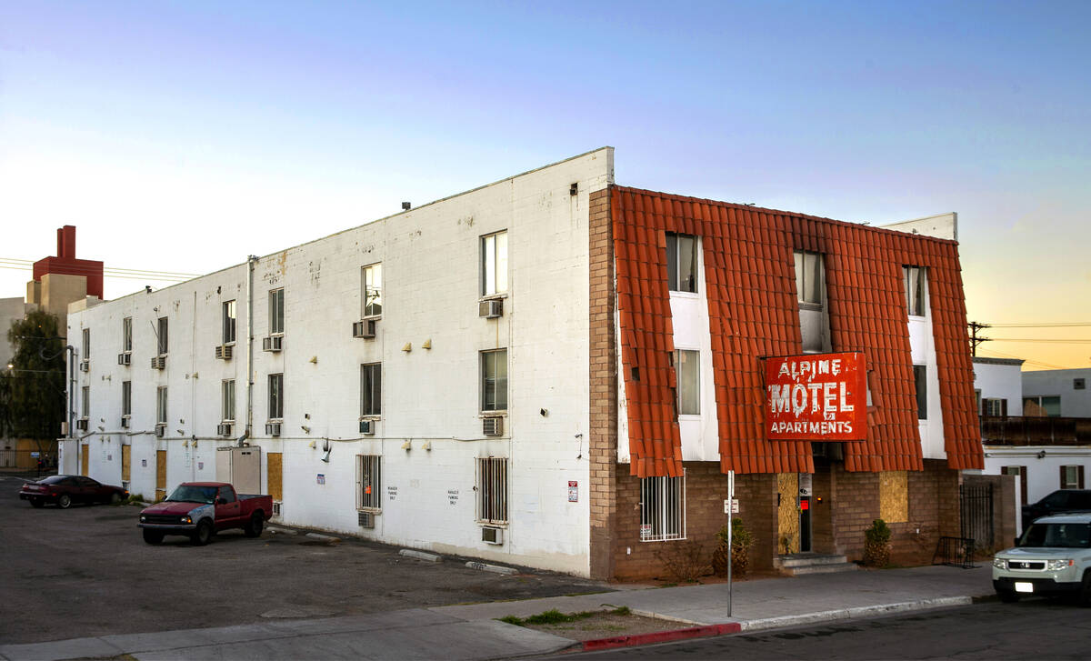 The exterior of the Alpine Motel Apartments on Feb. 12, 2020, in Las Vegas. (L.E. Baskow/Las Ve ...