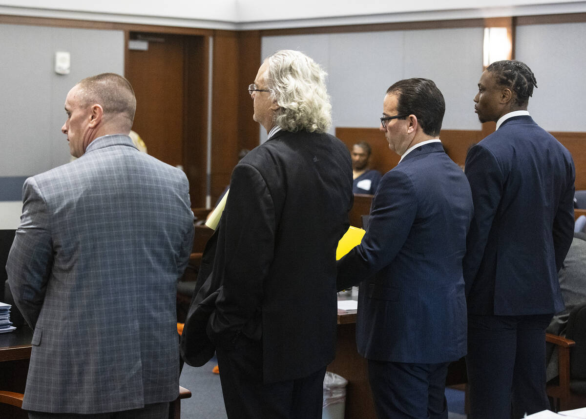 Prosecutor Eric Bauman, left, attorneys David Chesnoff, second left, and Richard Schonfeld, rep ...