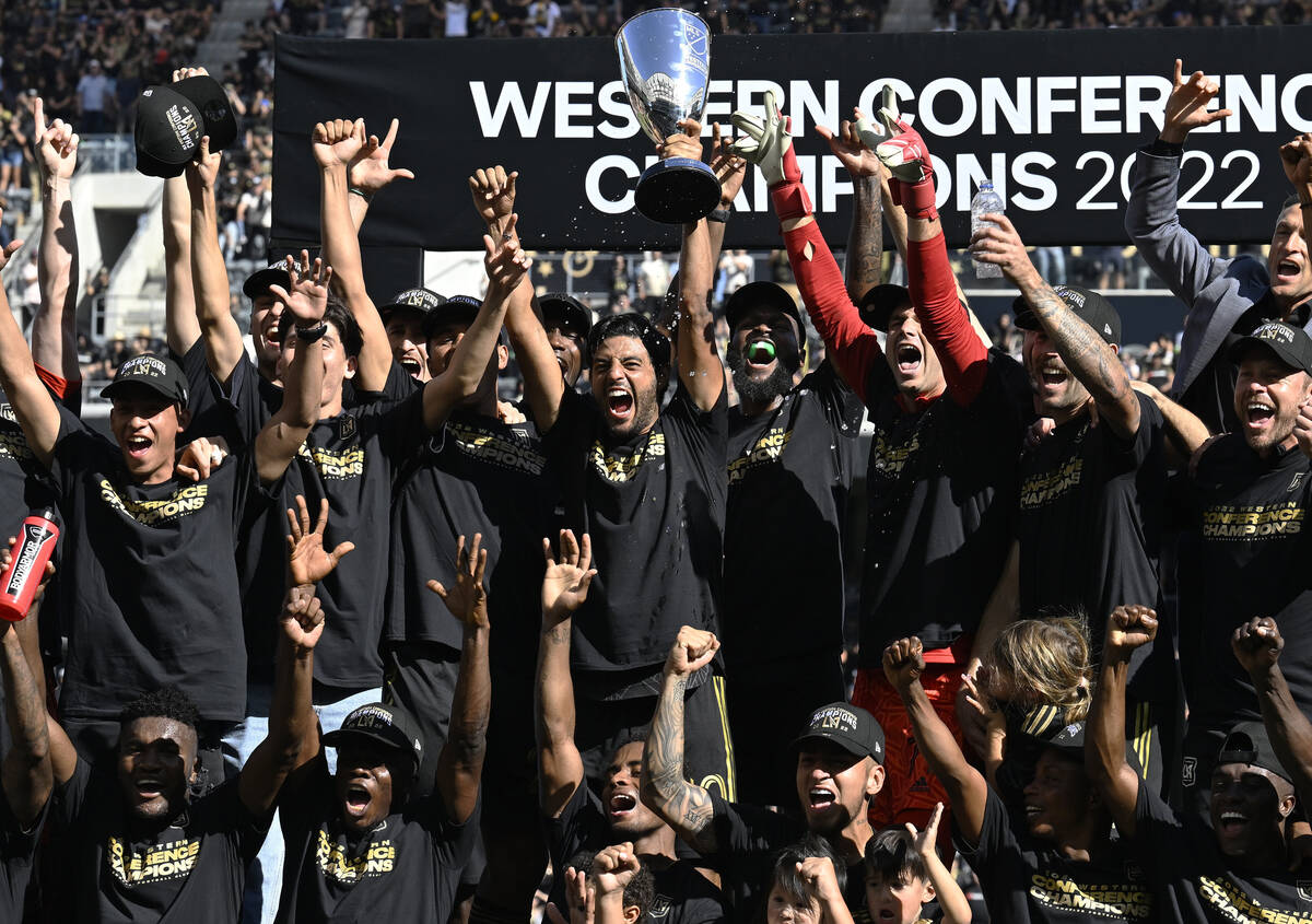 Los Angeles FC celebrates after a win over Austin FC in the MLS playoff Western Conference fina ...