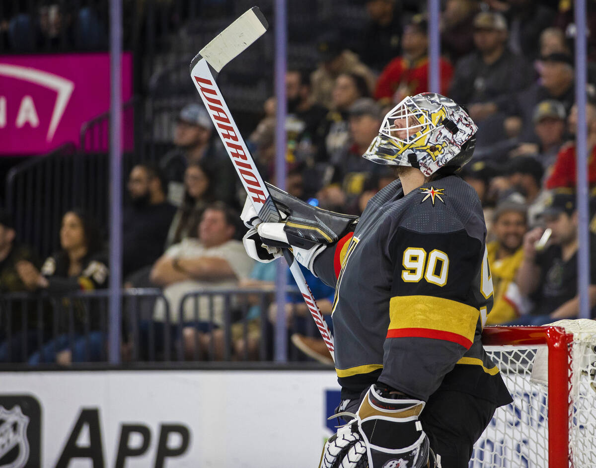 Golden Knights goaltender Robin Lehner (90) in the second period during an NHL hockey game agai ...