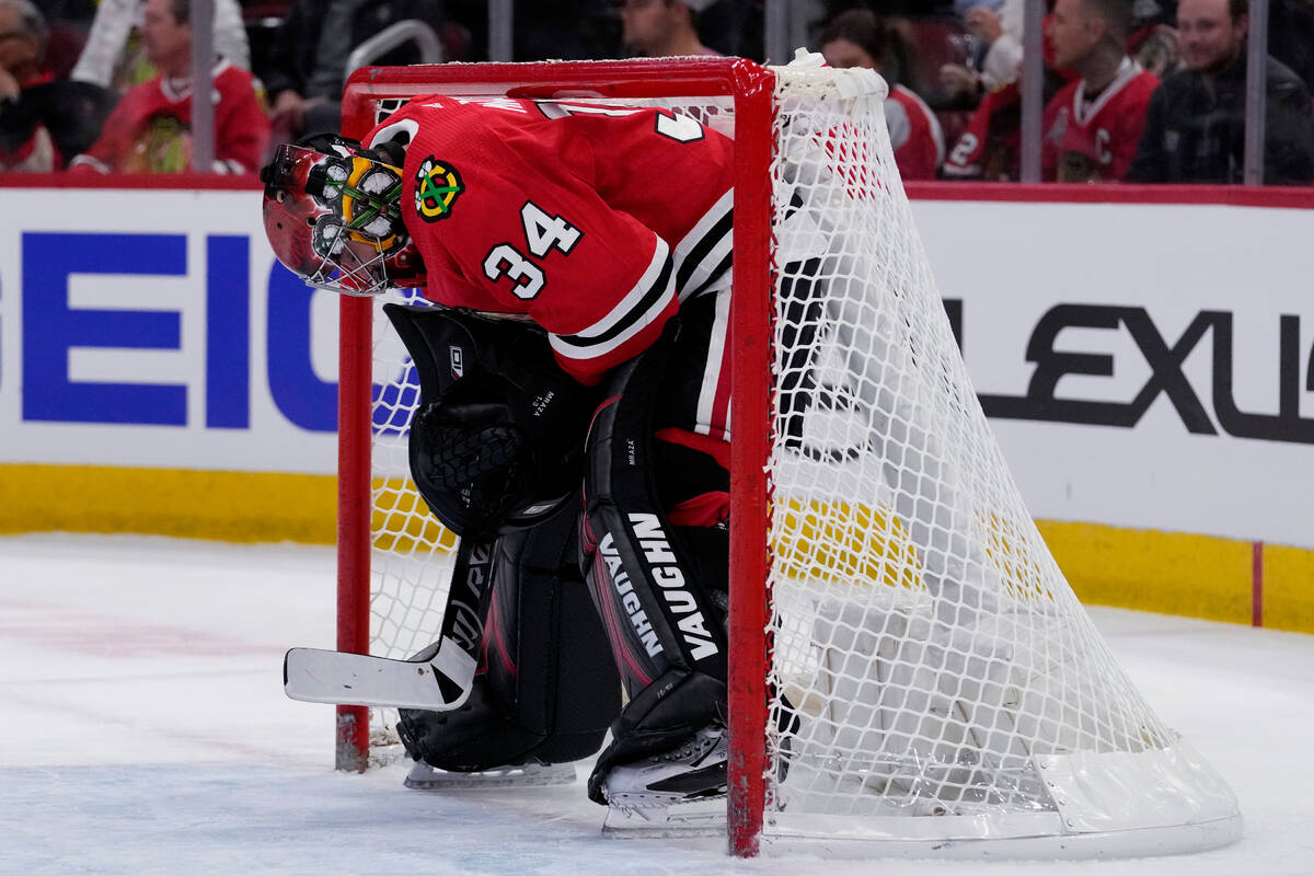 Chicago Blackhawks goaltender Petr Mrazek looks down the ice during the first period of an NHL ...