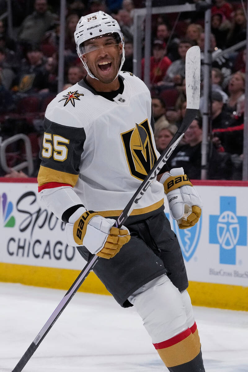 Vegas Golden Knights right wing Keegan Kolesar smiles after scoring a goal against the Chicago ...