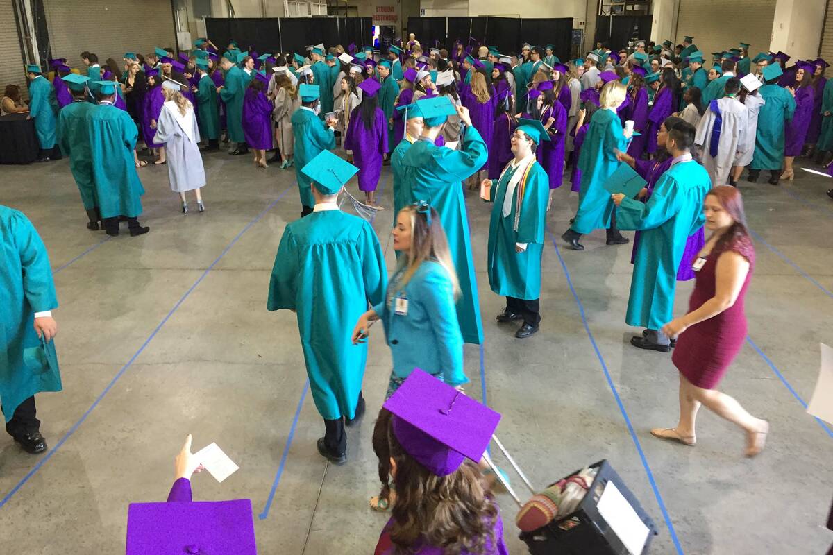 FILE - Silverado High School students congregate in a back room at Orleans Arena before graduat ...