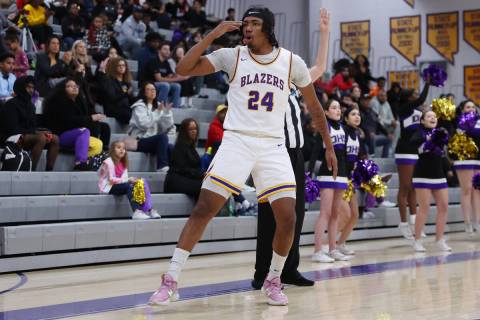Durango's Taj Degourville (24) reacts after scoring a 3-point-shot against Foothill during a bo ...