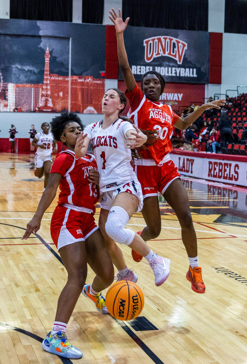 Las Vegas' Layla Faught (1) is fouled while driving the lane by Arbor View's Talyiah Mckinney ( ...