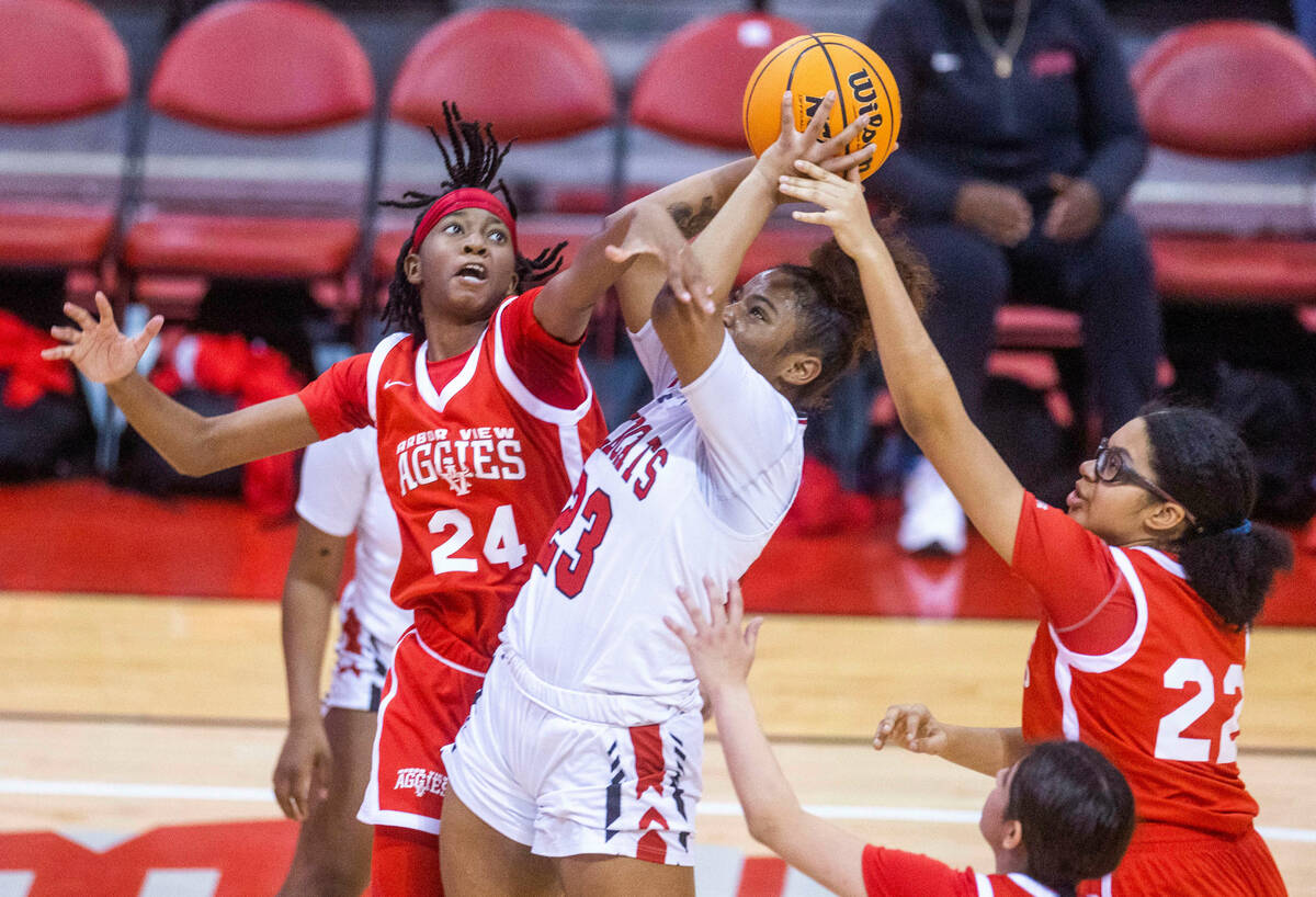 Las Vegas' Kayla Terry (23) is fouled on a shot attempt by Arbor View's Sanai Branch (24) with ...