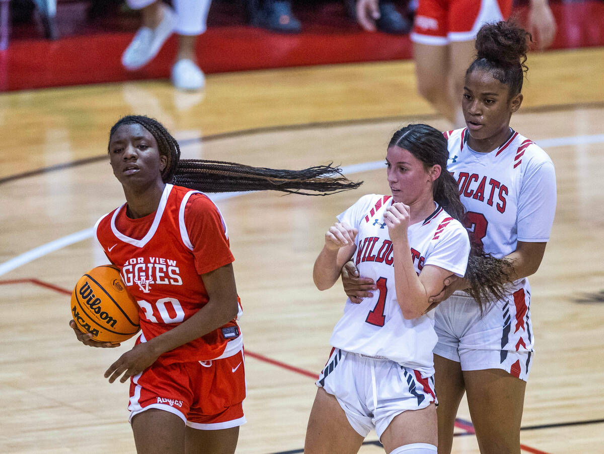 Arbor View's Gemani Abrams (30) whips her hair around while securing a jump ball from Las Vegas ...