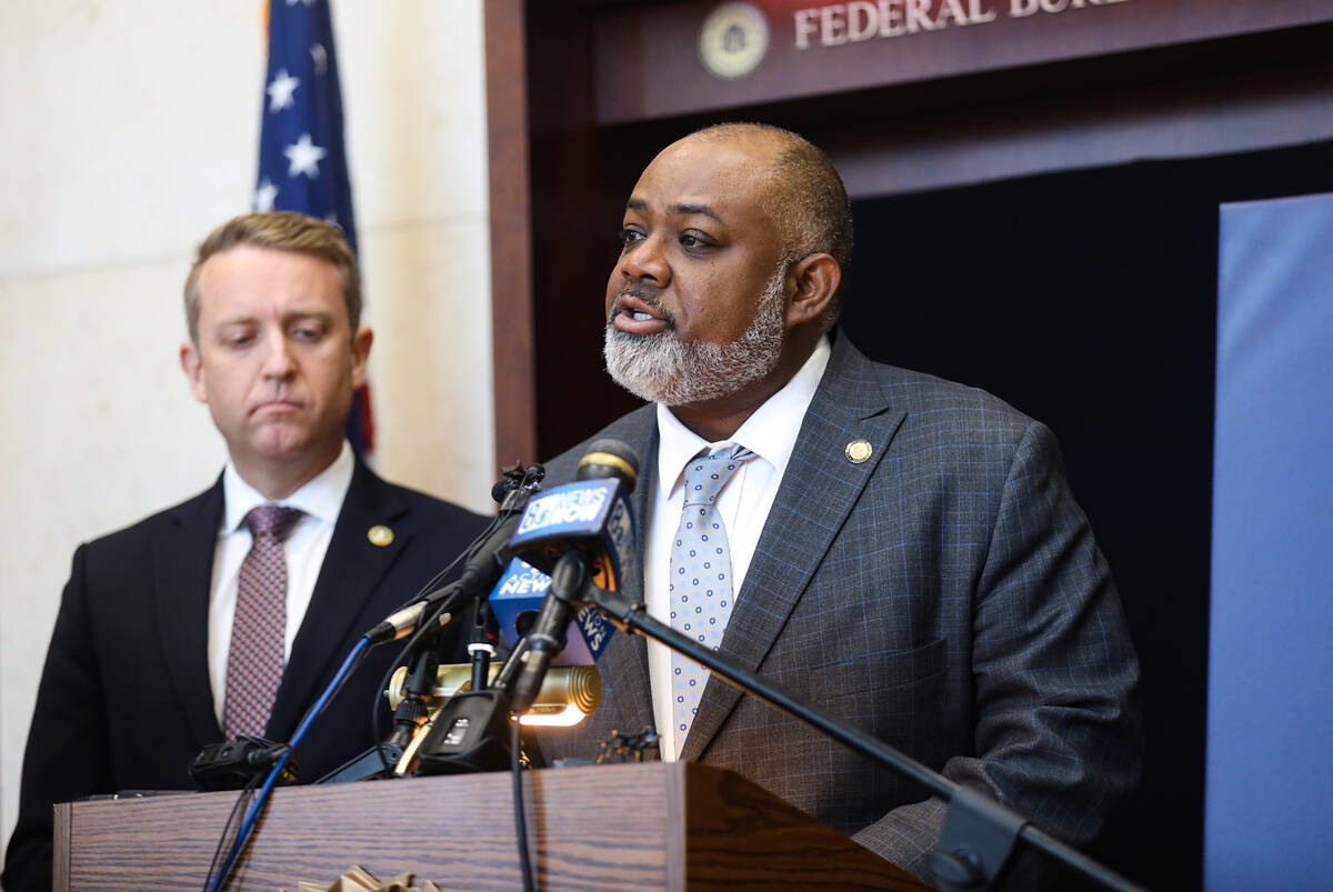U.S. Attorney for District of Nevada Jason Frierson speaks at a press conference at the FBI Joh ...