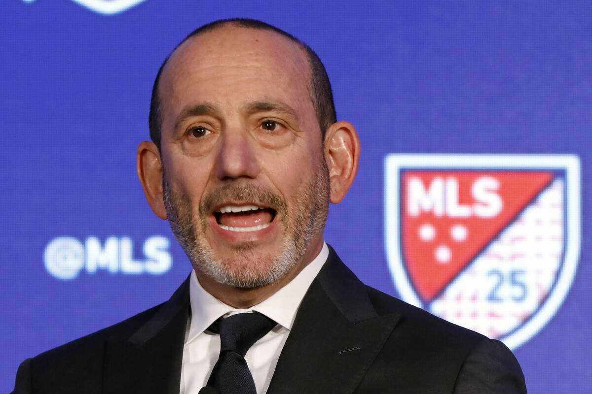 In this Feb. 26, 2020, file photo, Major League Soccer Commissioner Don Garber speaks during th ...