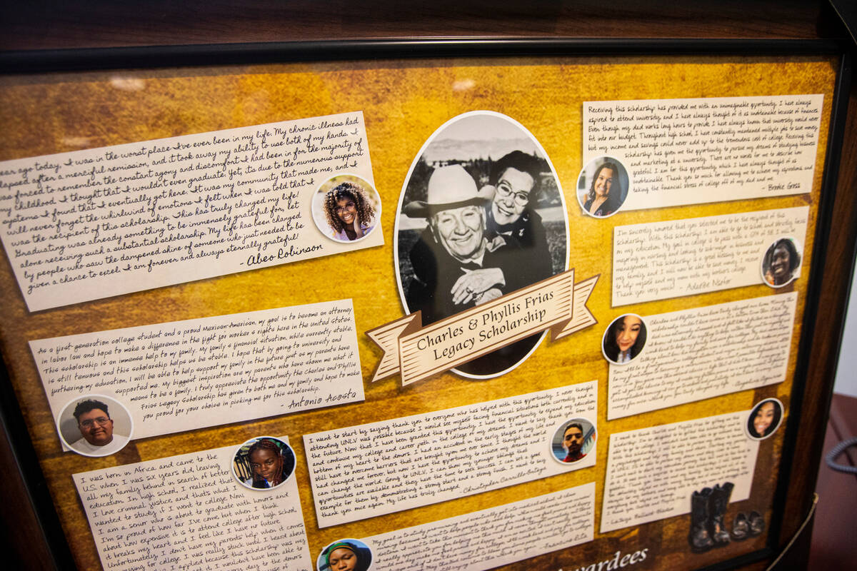 Messages from past recipients of the Charles and Phyllis Frias Legacy Scholarship is seen on Mo ...
