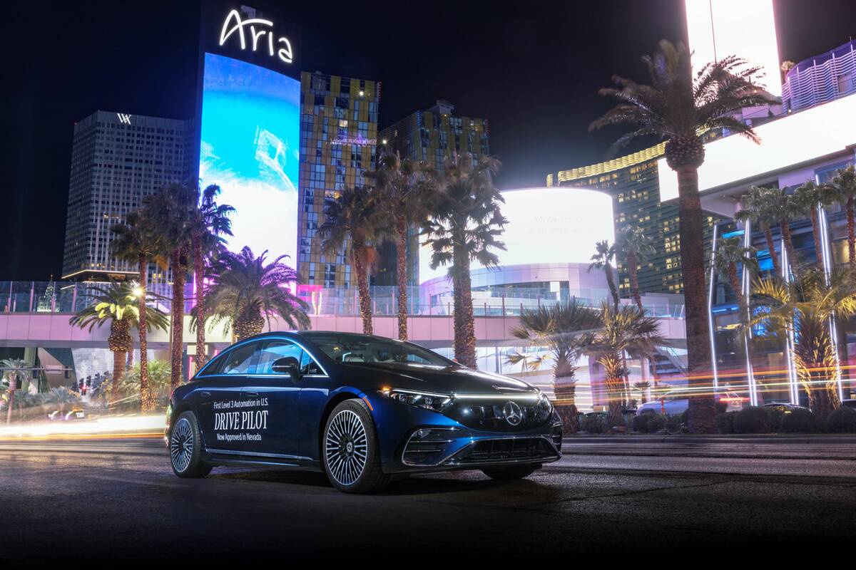 A Mercedes-Benz vehicle on Las Vegas Boulevard equipped with Drive Pilot automation technology. ...