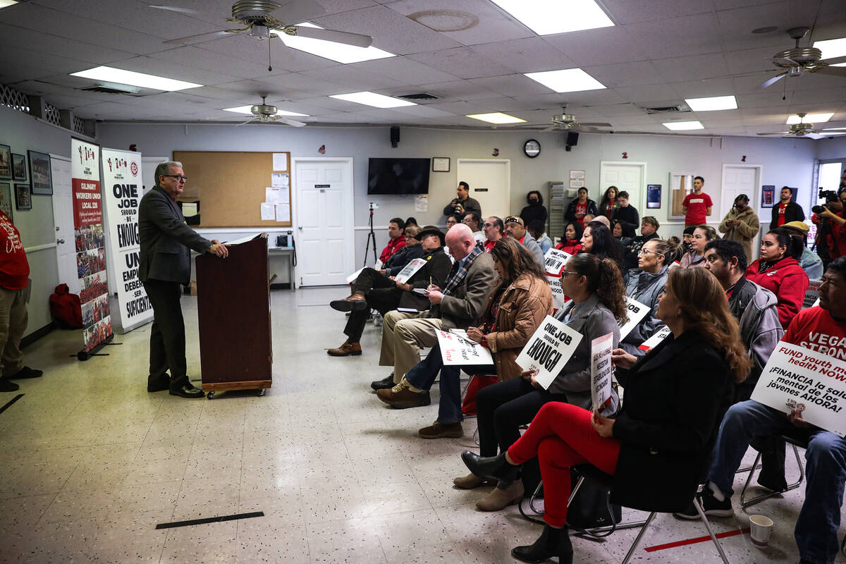 Ted Pappageorge, secretary-treasurer of the Culinary Union Local 226, addresses media and union ...