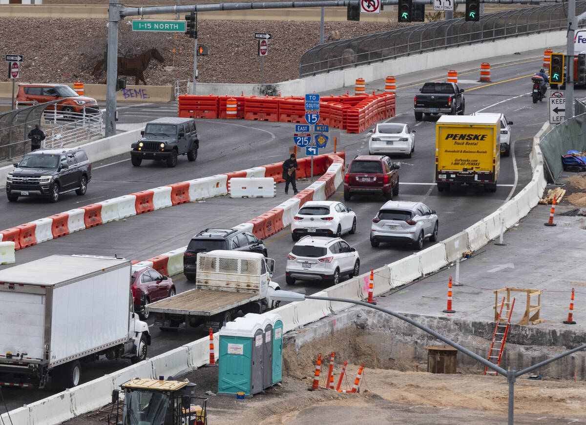 Motorists navigate through the diverging diamond interchange that was added on Tropicana over I ...