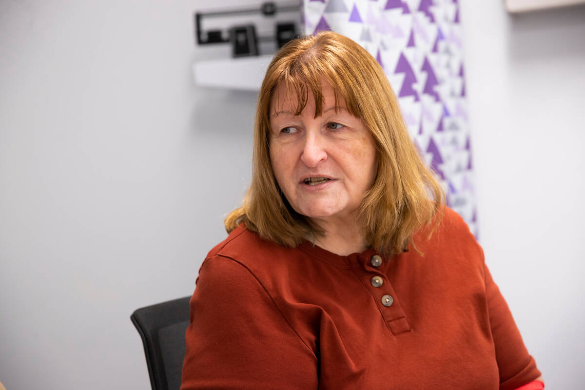Suzanne Grinstead, of Boulder City, talks about donating blood during a blood drive hosted by t ...