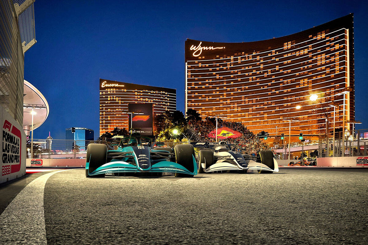 An artist rendering of the Formula One Las Vegas Grand Prix with the Wynn in the background. (W ...