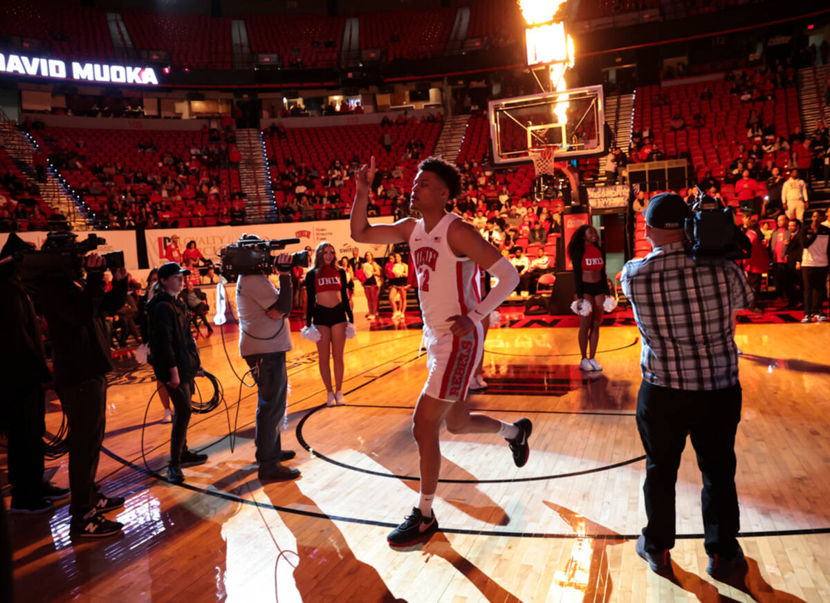 UNLV center David Muoka is introduced before a basketball game against the Air Force Falcons at ...