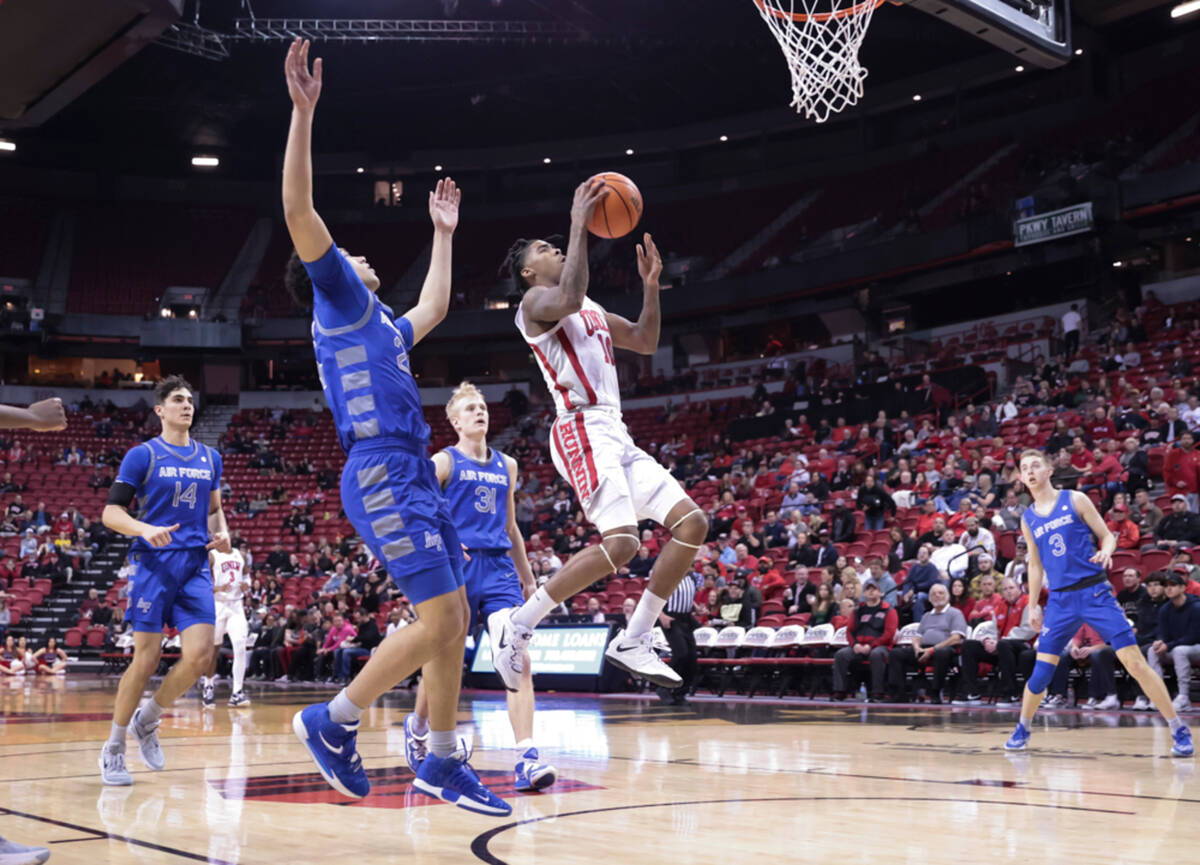 UNLV guard Keshon Gilbert (10) lays up the ball against the Air Force Falcons during the second ...