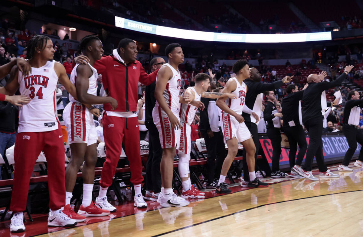 UNLV reacts after a play against the Air Force Falcons during the second half of a basketball g ...