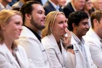 UNLV medical students listen to speakers during an opening celebration for the Kirk Kerkorian S ...