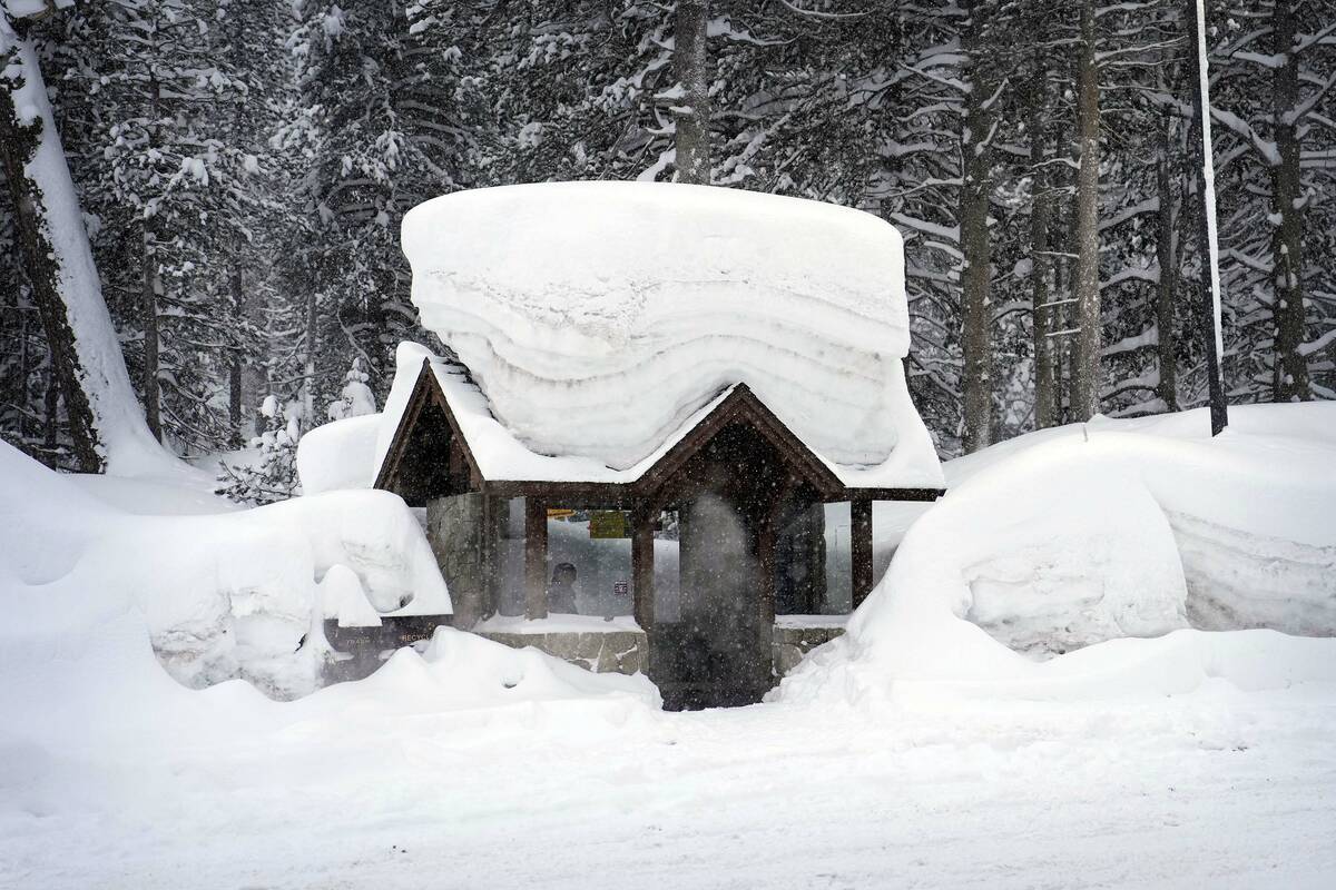 A person sits in a snow-covered bus stop Friday, Feb. 24, 2023, in Olympic Valley, Calif. Calif ...
