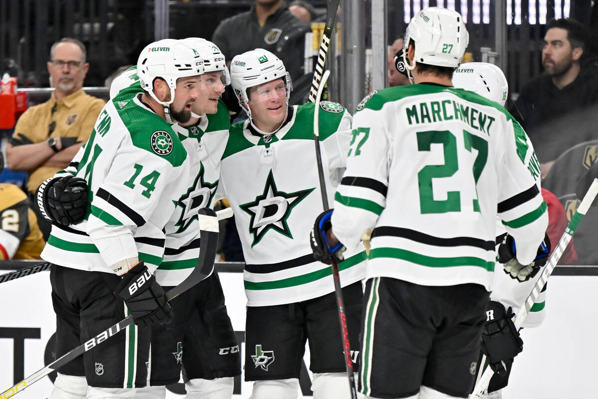 The Dallas Stars celebrate a goal by center Roope Hintz, center, against the Vegas Golden Knigh ...