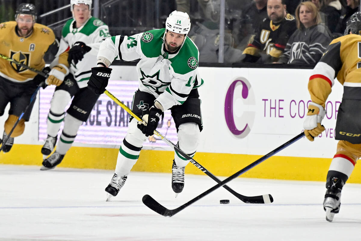 Dallas Stars left wing Jamie Benn (14) skates with the puck against the Vegas Golden Knights du ...