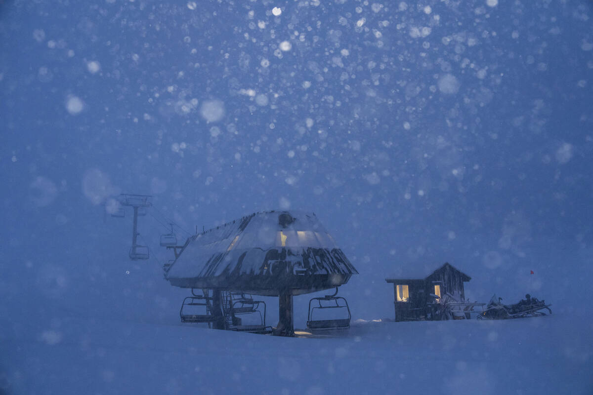 In this image provided by Mammoth Mountain, snow falls at Mammoth Mountain, Friday, Feb. 24, 20 ...