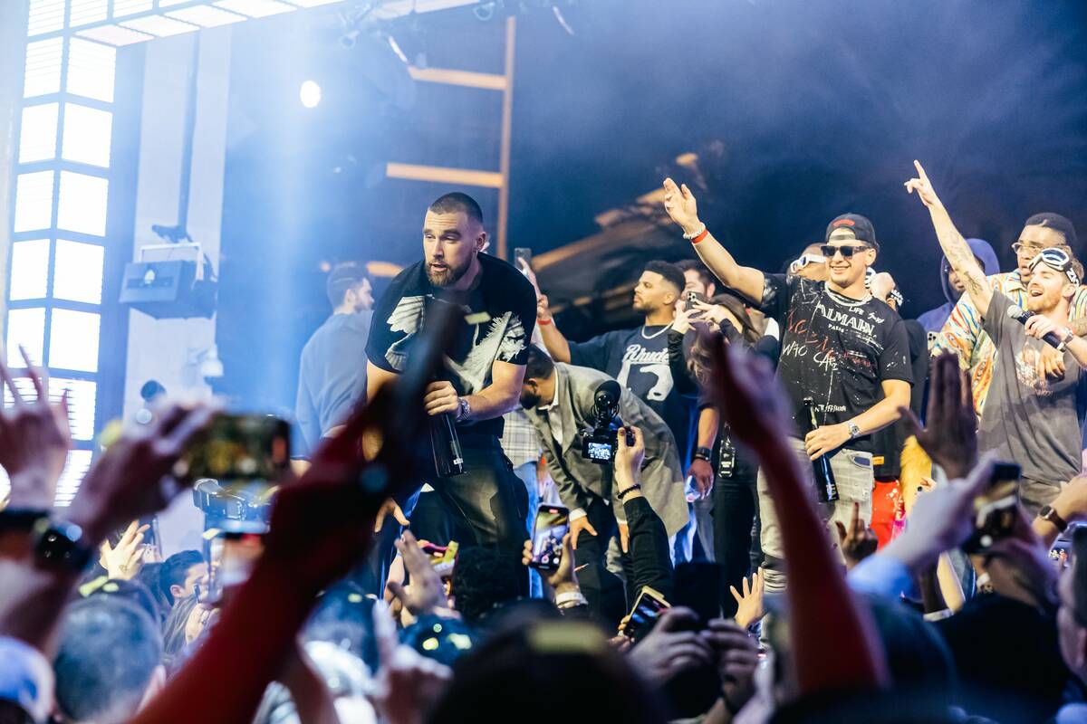 Travis Kelce, Patrick Mahomes and more on stag at XS Nightclub inside Wynn Las Vegas on Friday, ...
