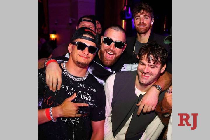 Patrick Mahomes and Travis Kelce celebrate with The Chainsmokers at XS Nightclub inside Wynn La ...